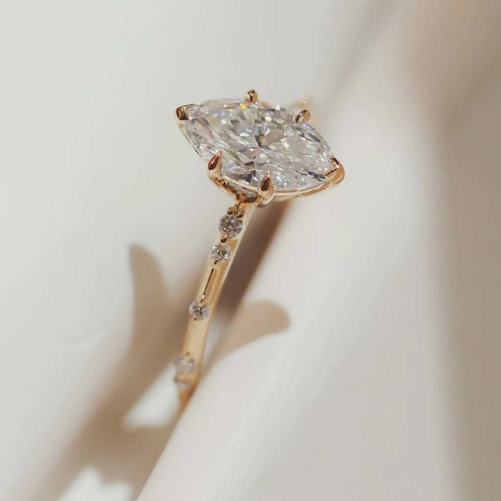 Art Deco Marquise Cut 1.44 Carat Moissanite Solitaire Engagement Ring with Floating Round Accents Gemstone Rings
