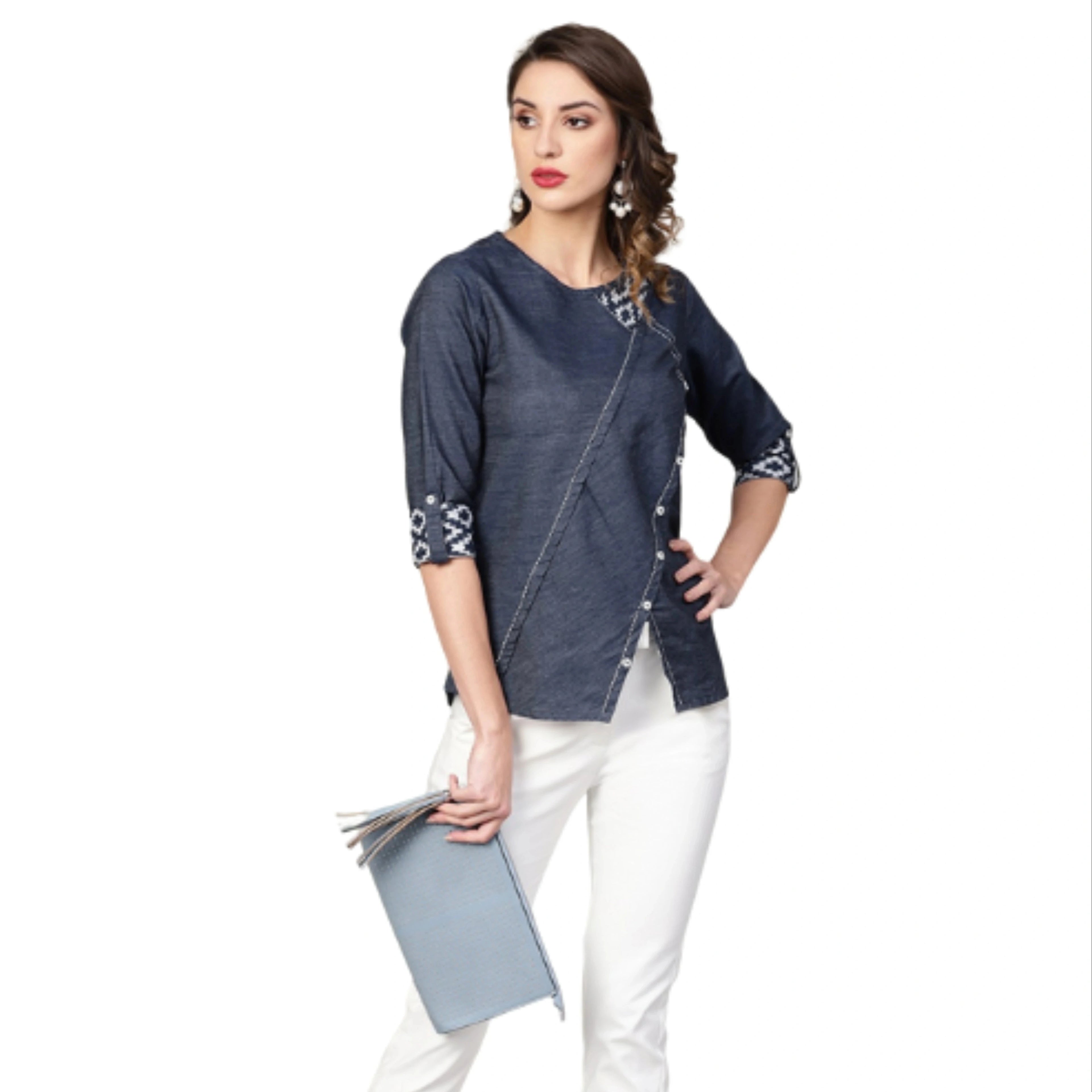 Blue Denim Regular Top Neckline Three Quarter Sleeves Customized Size Simple Formal 2-Piece Summer Set 100% Cotton Pattern