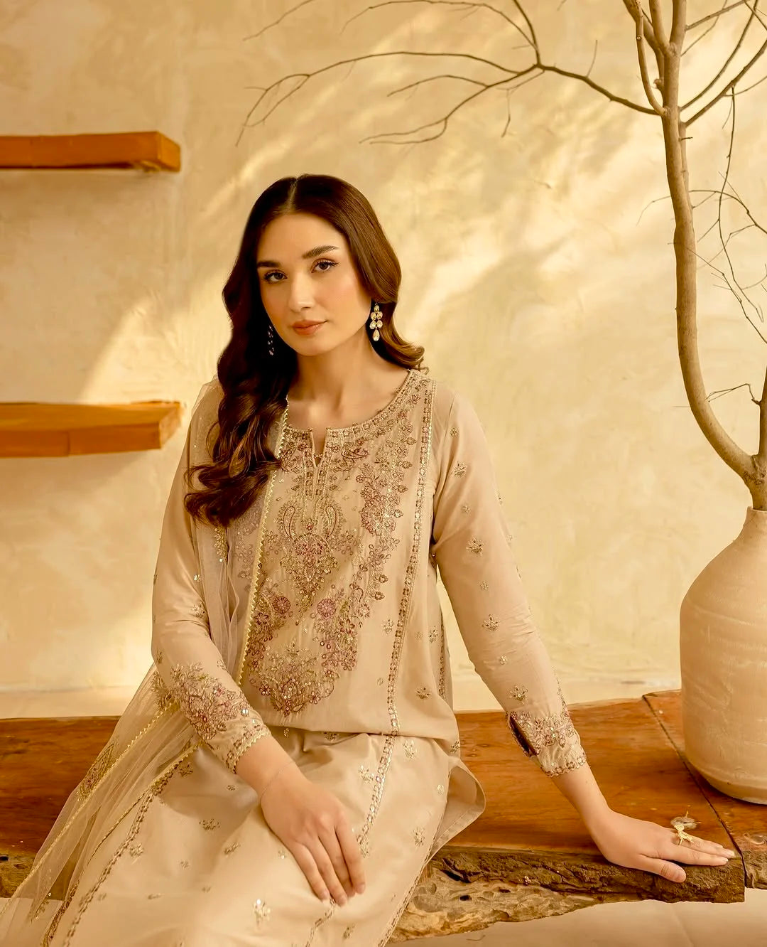 Women Vintage Designer Beige Embroidered Kurta Pant Dupatta Set Premium Festive Ethnic Wear All Seasons