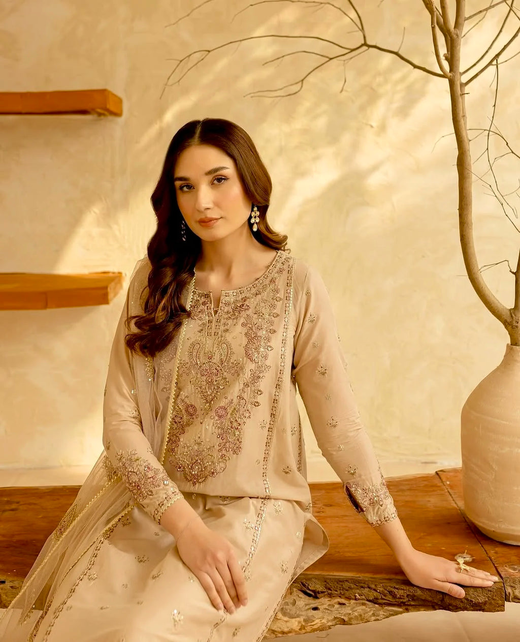 Women Vintage Designer Beige Embroidered Kurta Pant Dupatta Set Premium Festive Ethnic Wear All Seasons