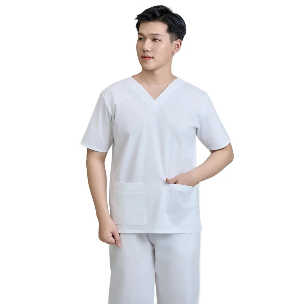 Unisex Medical Scrub White Set Fabric Needle Detection 52 Cotton 45 Polyester 3 Spandex WFX CVC FMF Vietnamese OEM