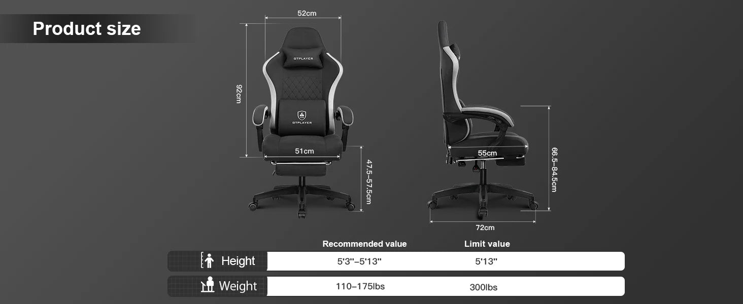 GTPLAYER Fabric Gaming Chair with Footrest, Computer Desk Chair with Pocket Spring Cushion, Home Office Ergonomic Chair