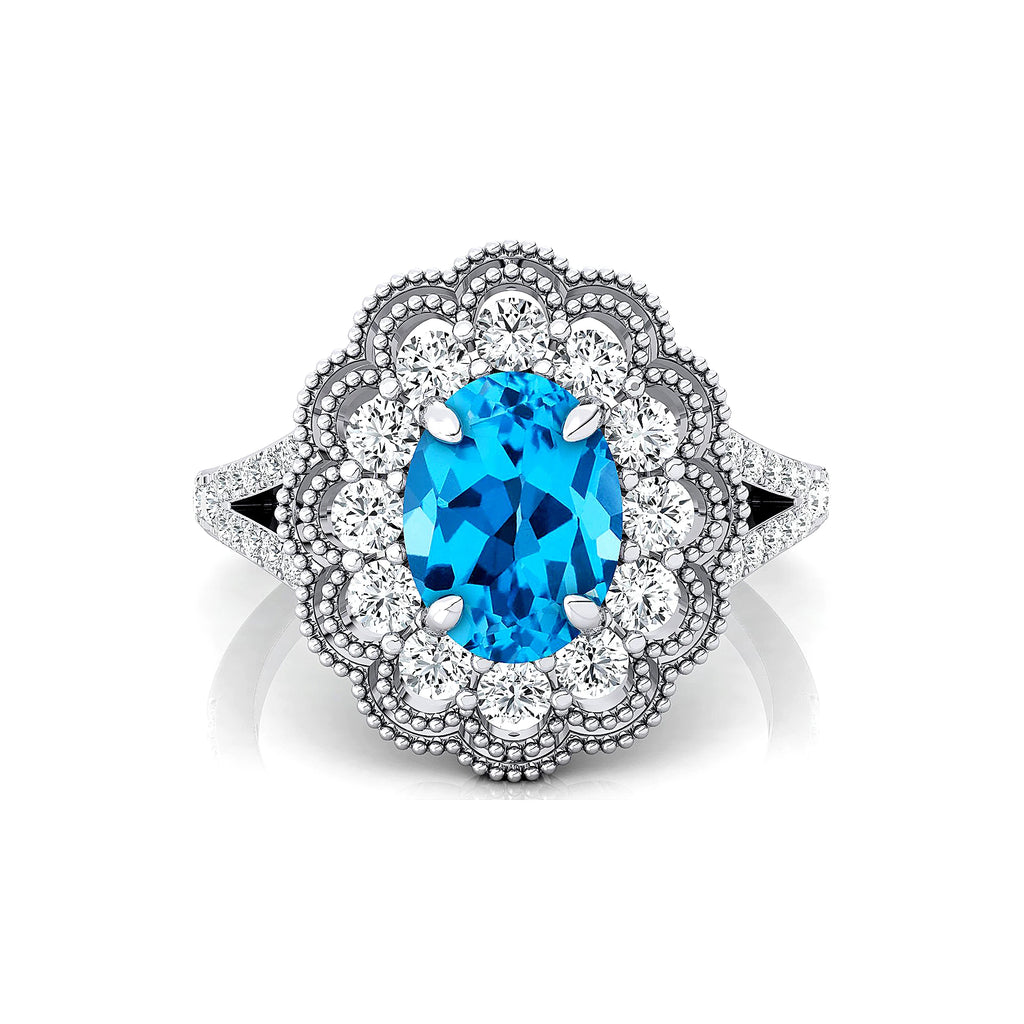 Exclusive Wedding Cluster Rings 18K Solid Gold Natural Swiss Blue Topaz Gemstone Real White Diamond Rhodium Plated Ring For Her