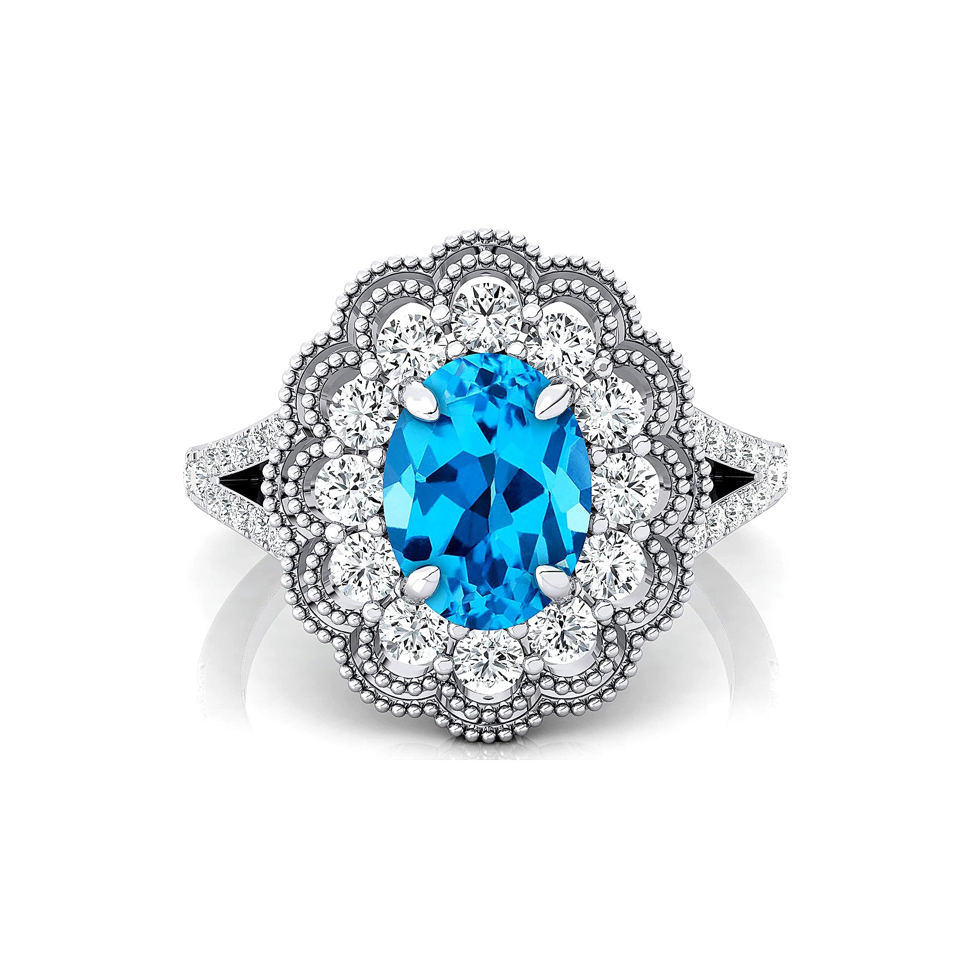 Exclusive Wedding Cluster Rings 18K Solid Gold Natural Swiss Blue Topaz Gemstone Real White Diamond Rhodium Plated Ring For Her
