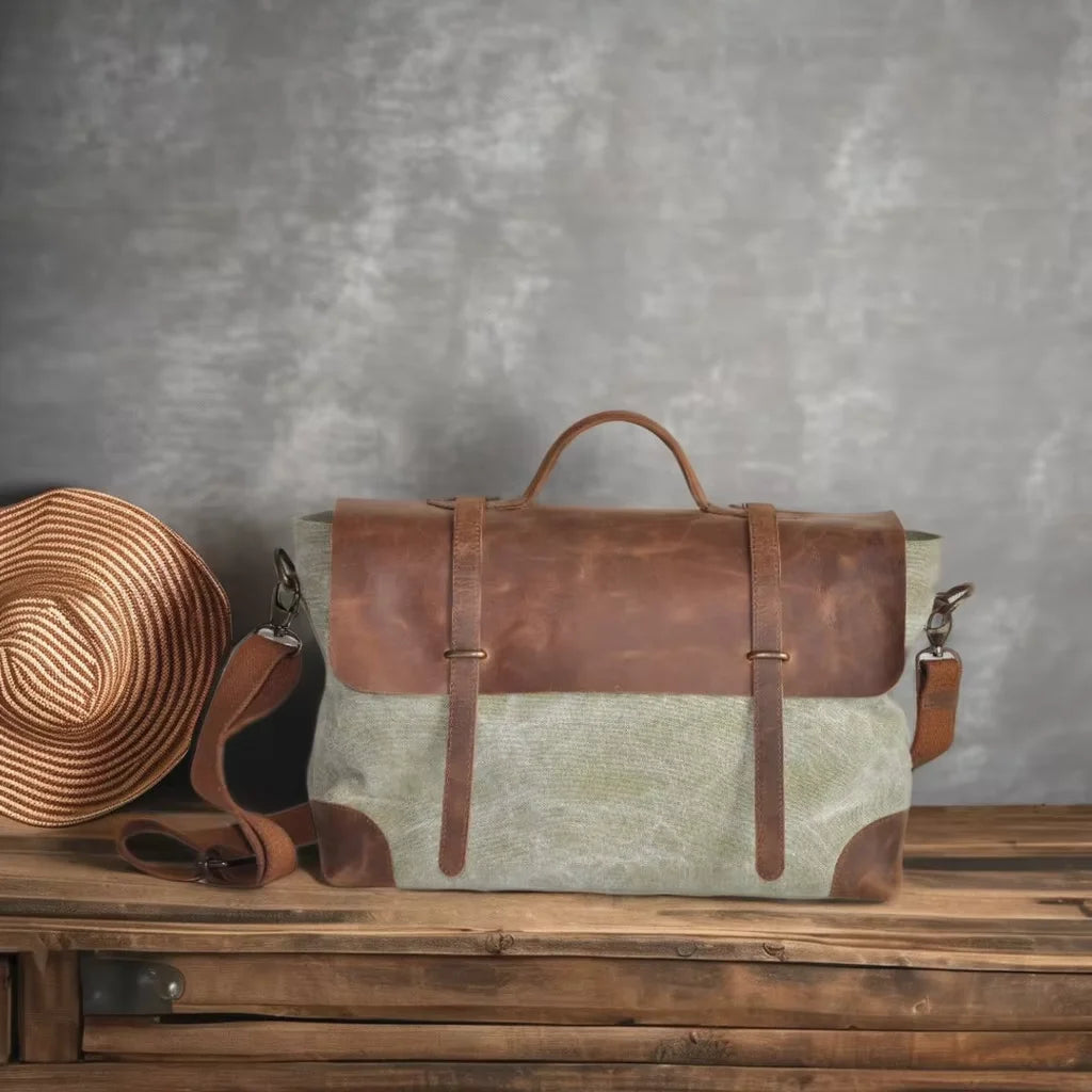 Pugmark England Style Vintage Fashion Laptop Messenger Bag Vegan Waxed Canvas Striped Small Daily Used Lightweight Anti-Theft