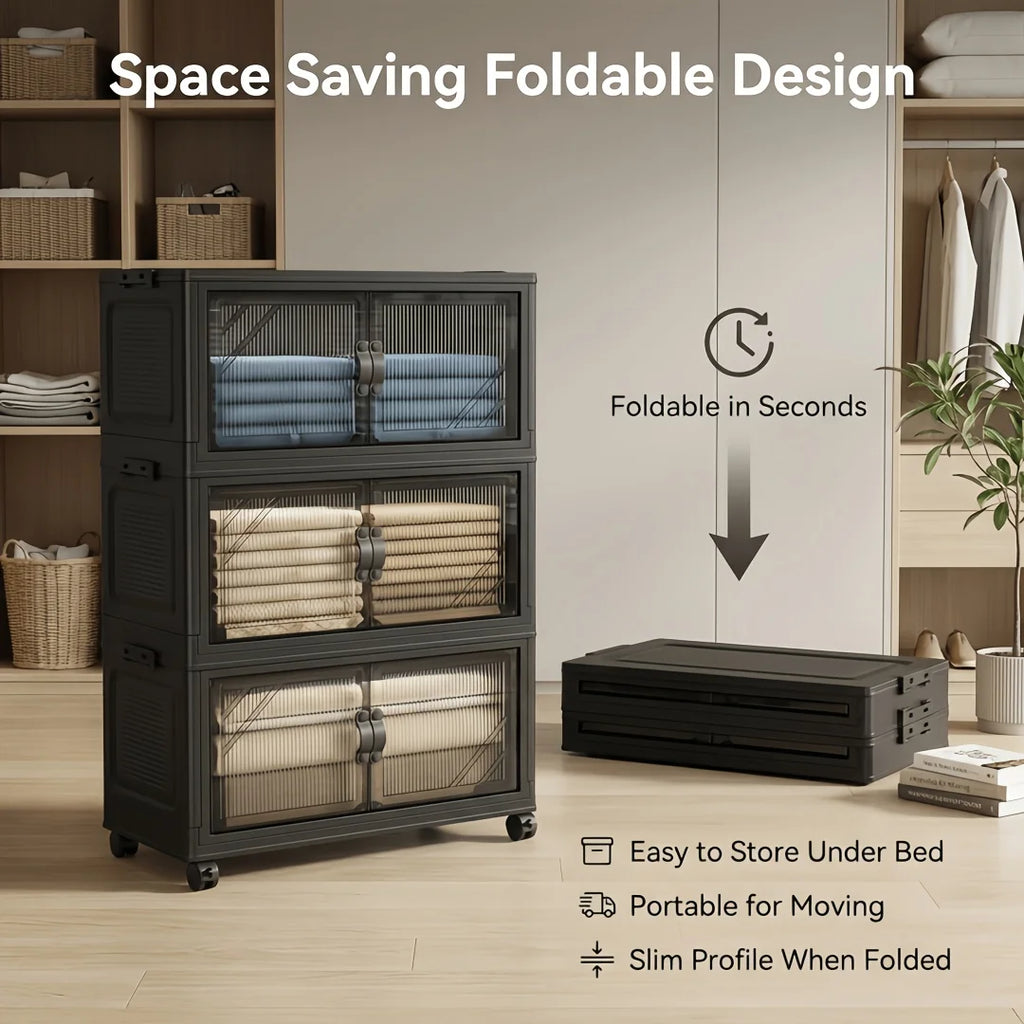 3/4/5/6-Tier Foldable Storage Cabinet with Clear Double Doors, Foldable and Stackable Plastic Storage Boxes with Wheels, Large-Capacity Rolling Organizer, Perfect for Pantry, Bedroom, Bathroom, or Coffee Bar, Black