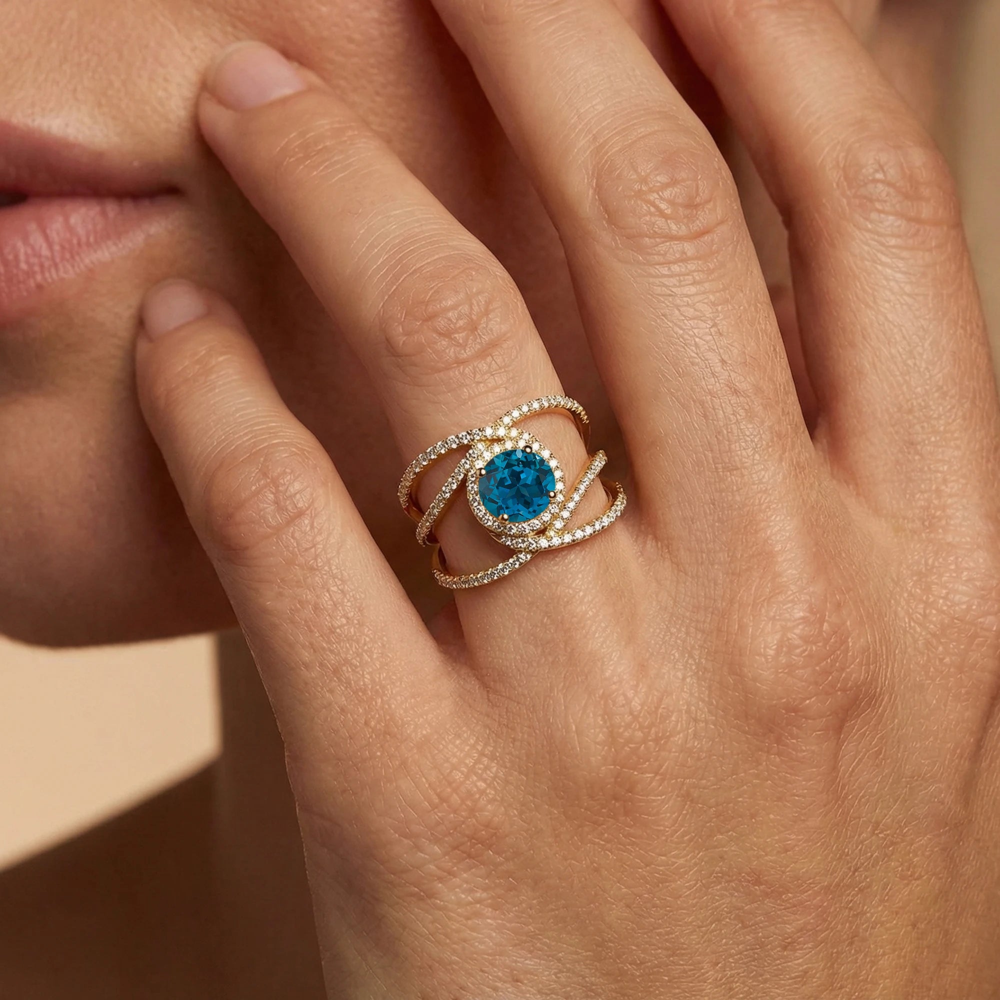 Natural London Blue Topaz Gemstone Rings 18k Solid Gold Rhodium Real Diamonds Handmade Wedding Statement Halo Ring Fine Jewelry