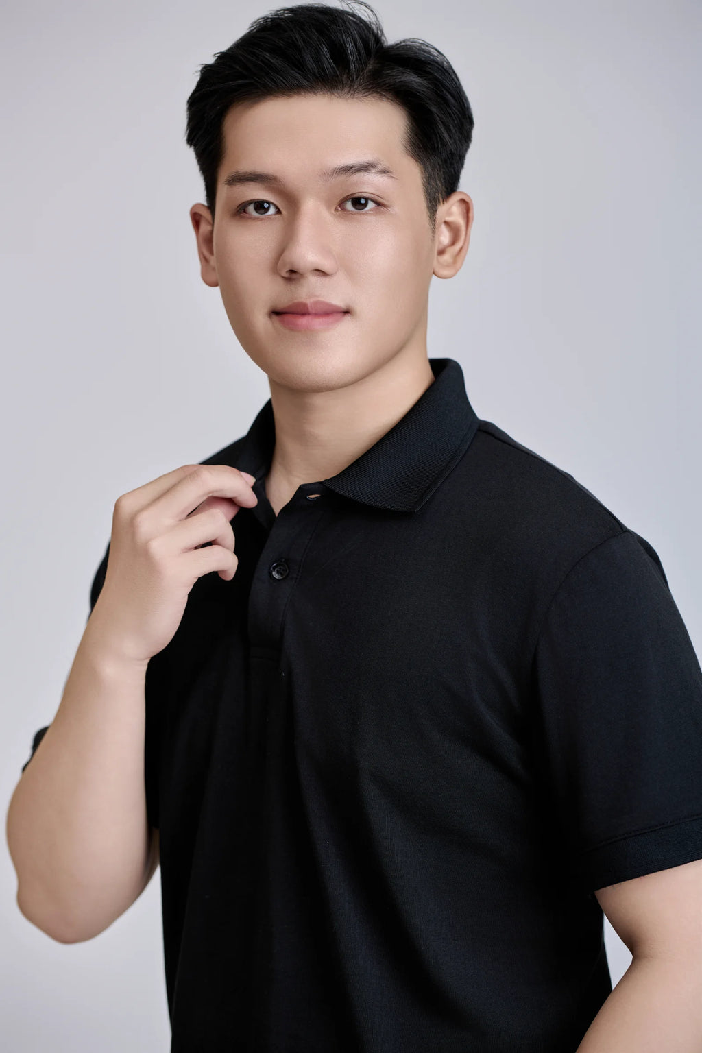 Front 200 Grams Short Sleeve Button Regular TC 60% Cotton +40% Polyester Casual Knitted for Shirt Black Vietnamese Made