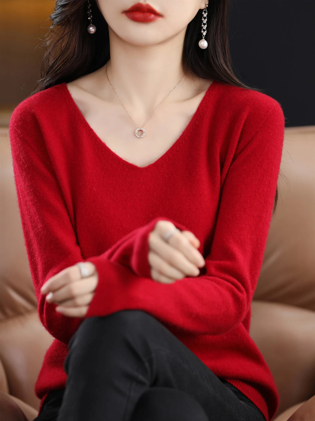 Sweater for Women 100% Merino Wool V Neck Sweater Fall Winter Basic Warm Pullovers Long Sleeve Soft Knit Jumpers Female Clothing