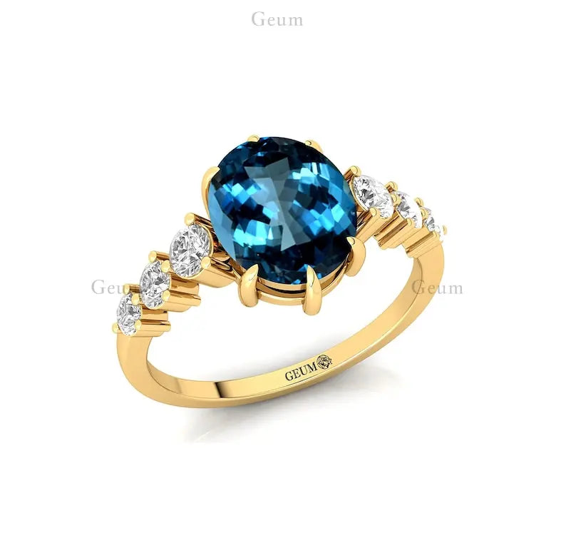 Elegant Design Oval Cut Natural London Blue Topaz Gemstone Cluster Rings in 18k Solid Gold With Real Diamonds Fine Bridal Rings