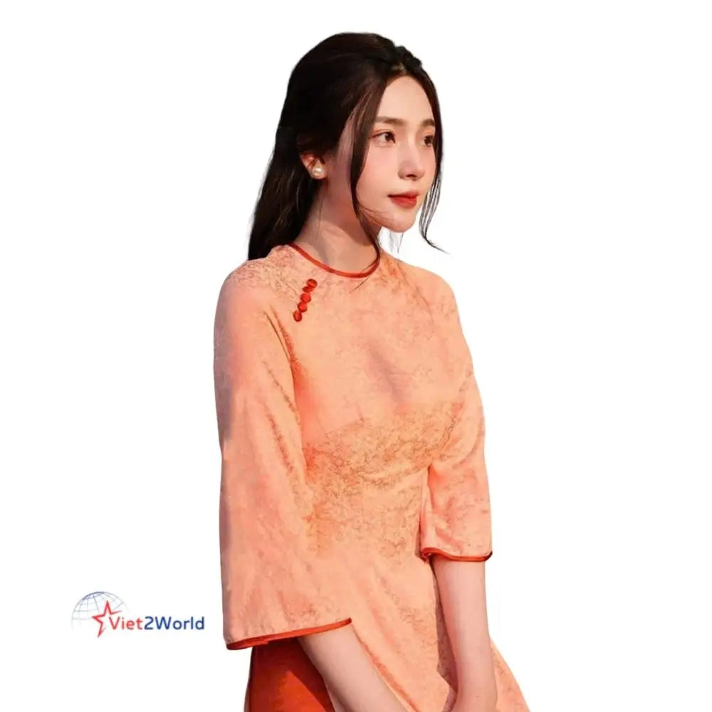 Wholesale Customizable Vintage Vietnamese Traditional Red Modal Asymmetrical Leopard Ao Dai Women OEM ODM Service Manufactured