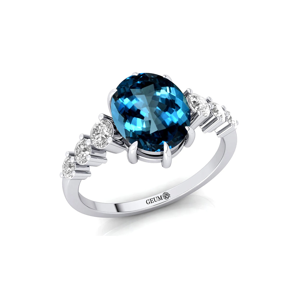 Elegant Design Oval Cut Natural London Blue Topaz Gemstone Cluster Rings in 18k Solid Gold With Real Diamonds Fine Bridal Rings
