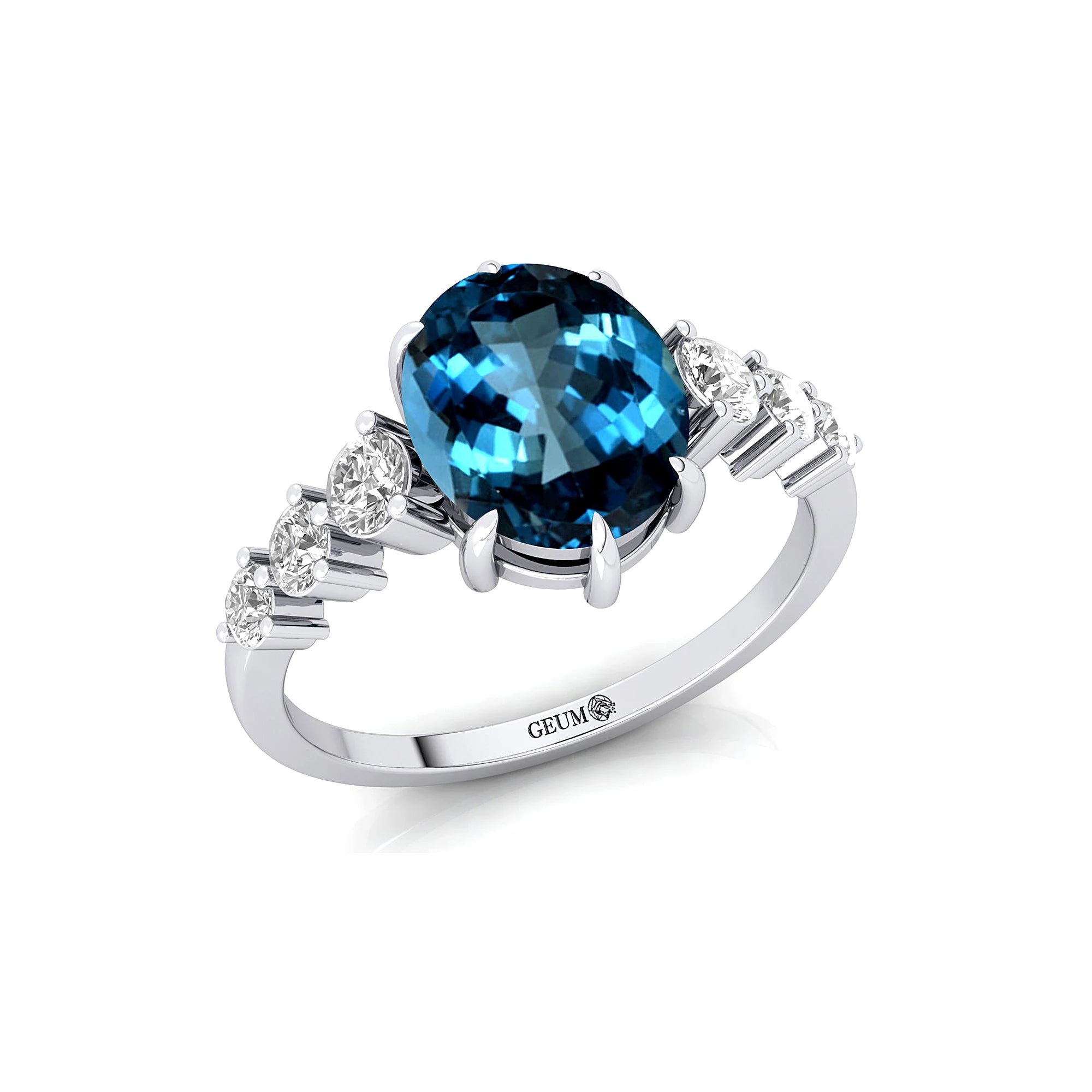 Elegant Design Oval Cut Natural London Blue Topaz Gemstone Cluster Rings in 18k Solid Gold With Real Diamonds Fine Bridal Rings