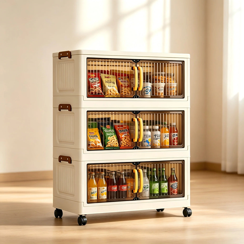 23.62in 3/4/5 Tier Foldable Plastic Storage Cabinet with Wheels, Double Transparent Door Organizer, Large Storage Chest, No Assembly Closet Organizer with Latches for Bedroom Kitchen, Cream White