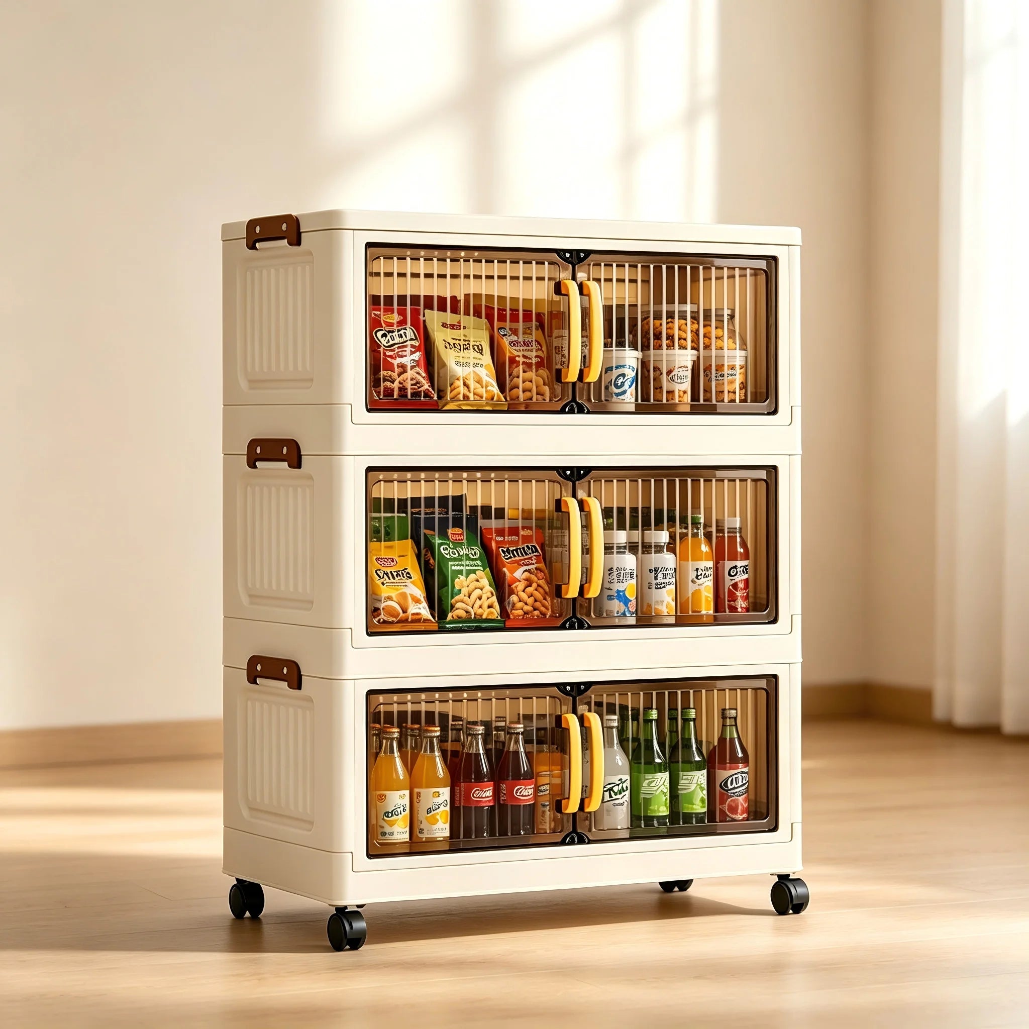 23.62in 3/4/5 Tier Foldable Plastic Storage Cabinet with Wheels, Double Transparent Door Organizer, Large Storage Chest, No Assembly Closet Organizer with Latches for Bedroom Kitchen, Cream White