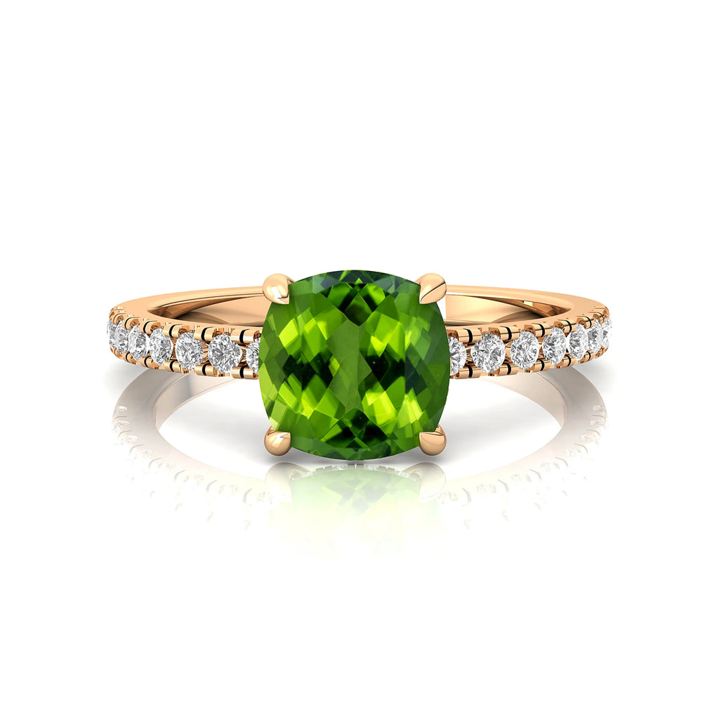 Cushion Cut Natural Green Peridot Gemstone & Real Diamond Cluster Rings in 18K Solid Rose Gold Rings For Engagement OEM