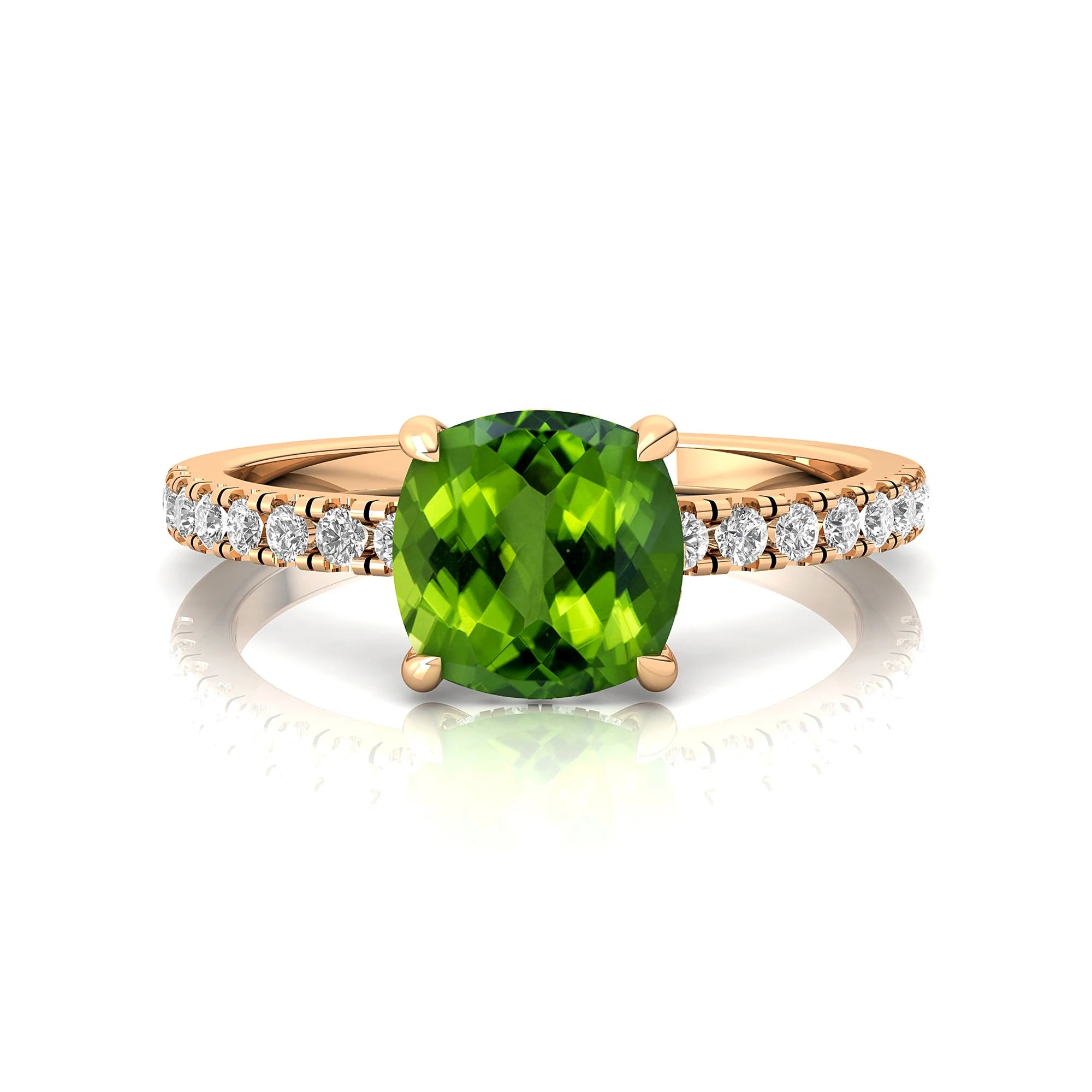 Cushion Cut Natural Green Peridot Gemstone & Real Diamond Cluster Rings in 18K Solid Rose Gold Rings For Engagement OEM