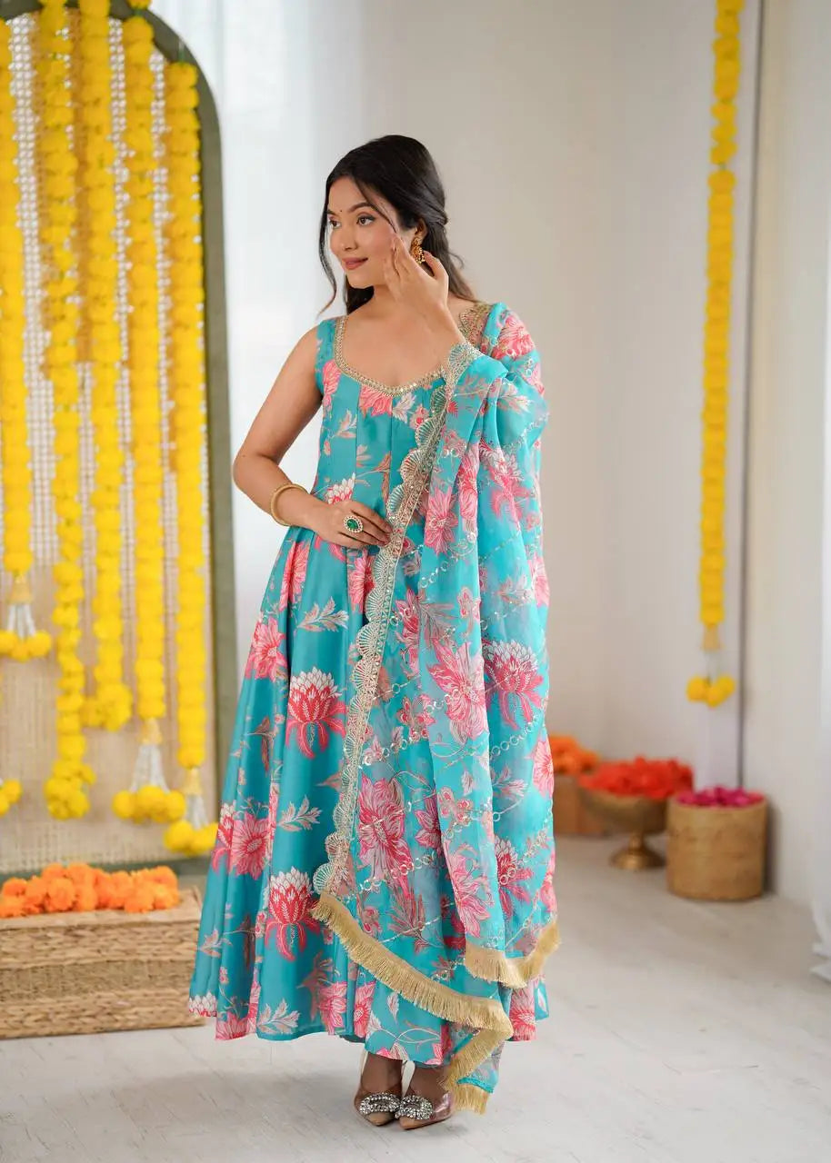 Women's Floral Dress Casual Kurti Top Gown Designer Indian Ladies Festival Party Wear Gown