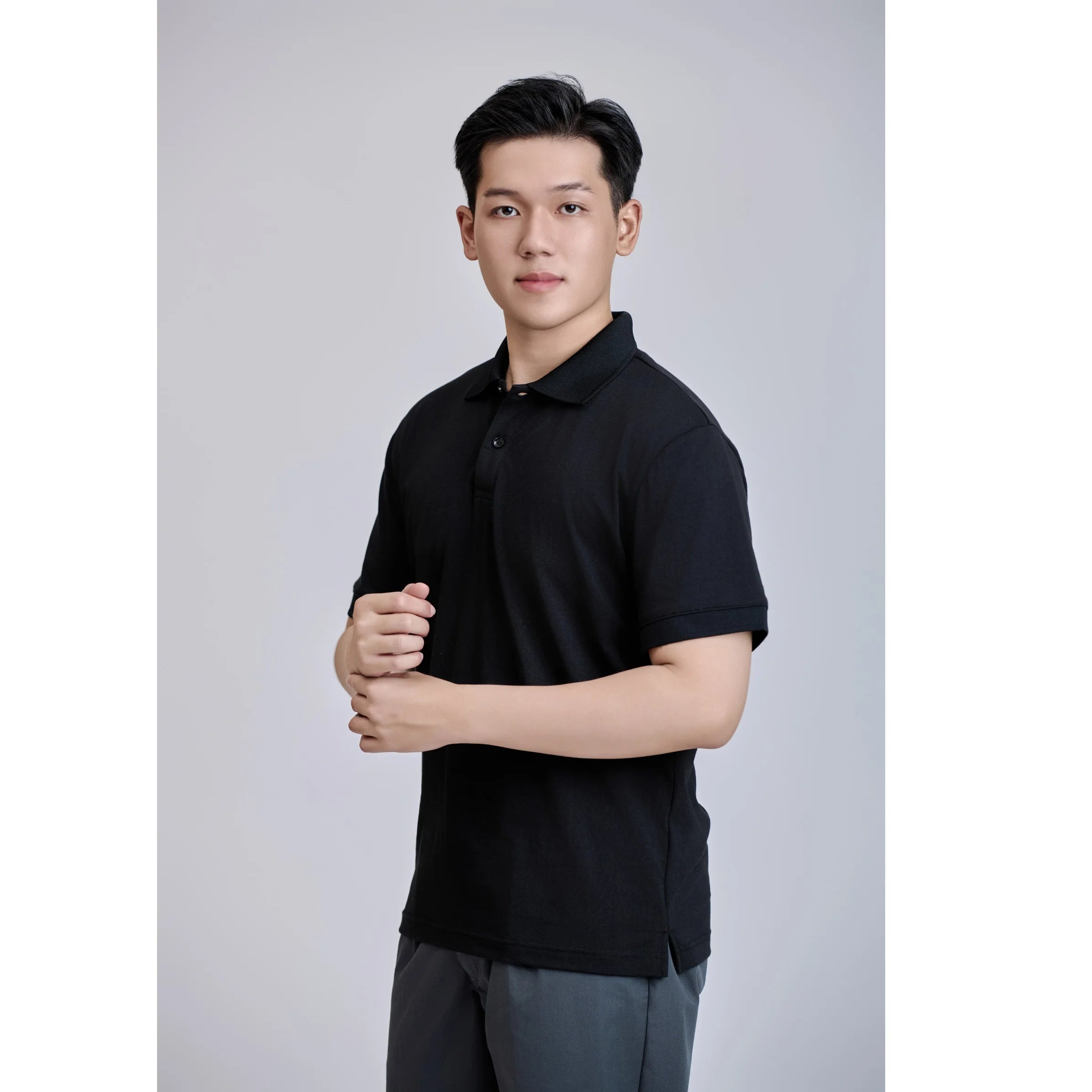Vietnamese Made Front 200 Grams Casual Short Sleeve Button Regular Black Knitted TC 60% Cotton +40% Polyester for Shirt