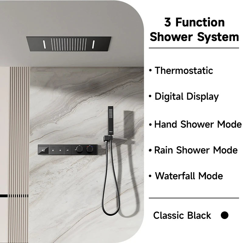 630×330mm Ceiling Thermostatic Shower System Concealed Brass Rainfall Waterfall 4 Function Digital Display Anti-Scald Bathroom S