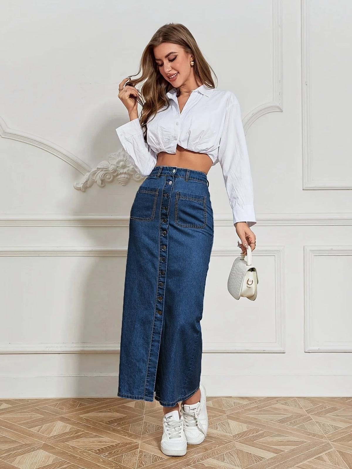 Women's Blue Stretch Denim Long Skirt With Multi-Breasted Details Slim And Sexy Style Casual And Fashionable Long Denim Skirt  F