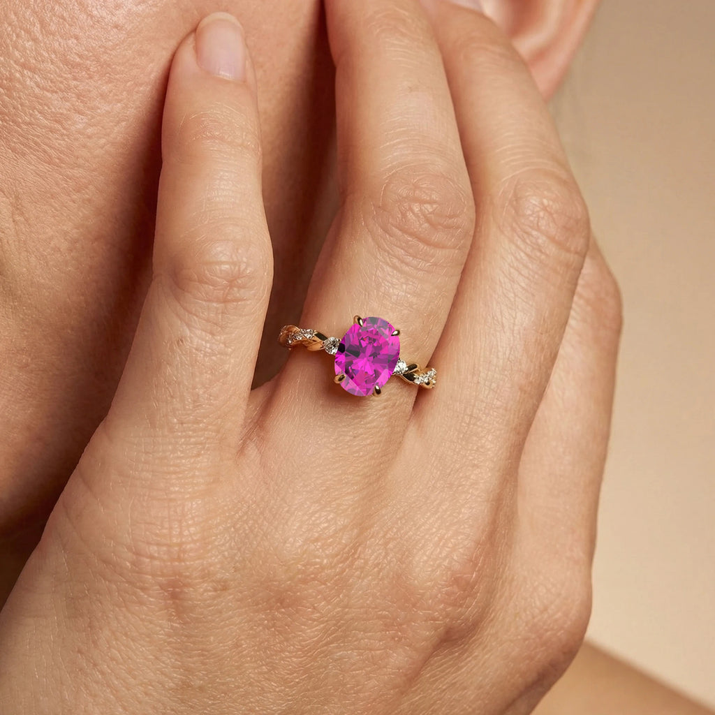 Lab Grown Pink Sapphire Gemstone & Real Diamonds Halo Cluster Bridal Wedding Rings 18k Solid Gold Rhodium Plated Premium