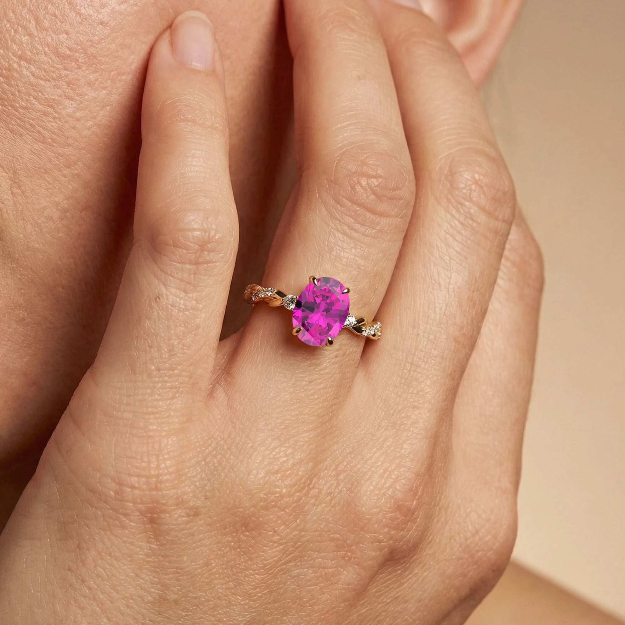 Lab Grown Pink Sapphire Gemstone & Real Diamonds Halo Cluster Bridal Wedding Rings 18k Solid Gold Rhodium Plated Premium