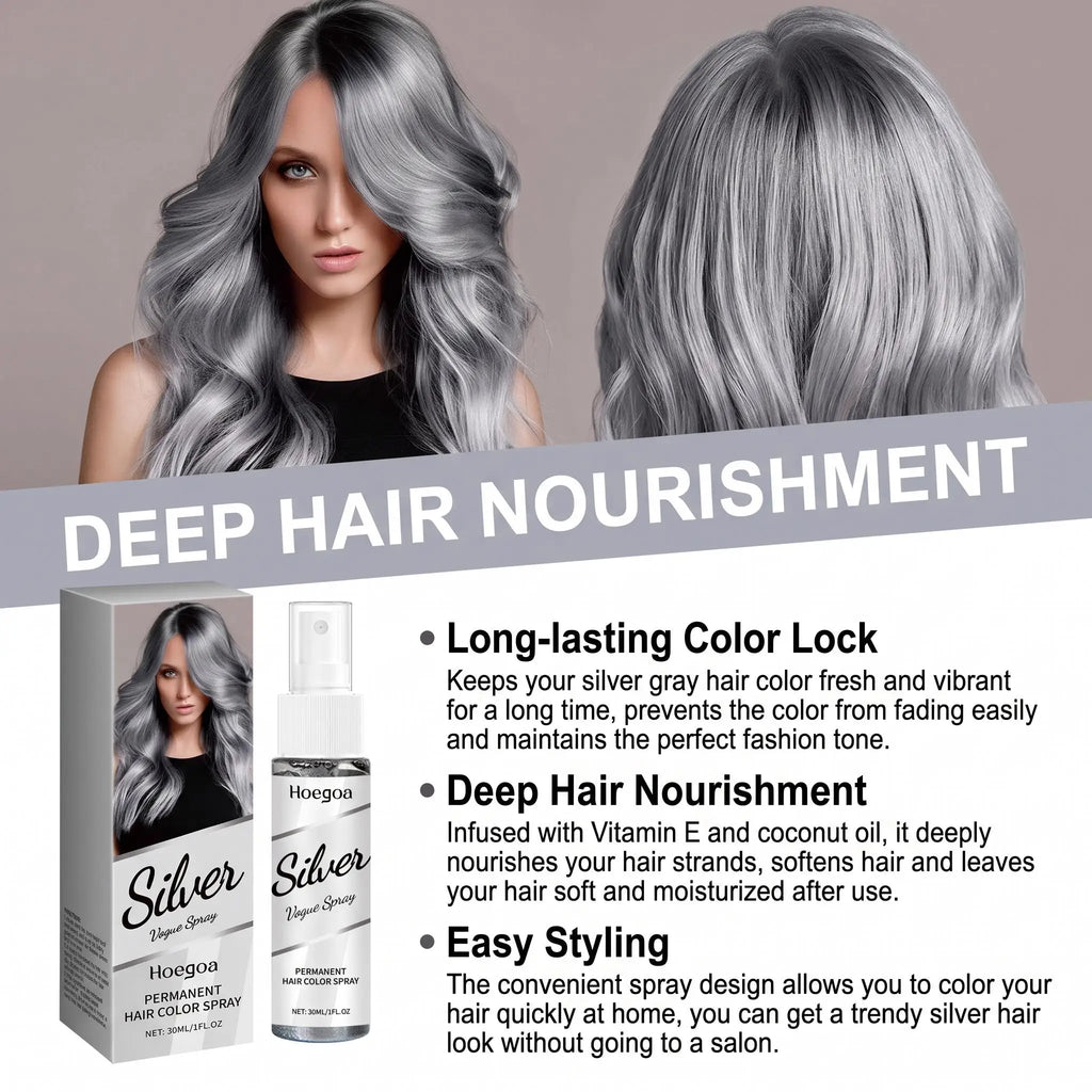 Hoegoa Permanent Silver Gray Hair Color Spray Vitamin E Coconut Oil Nourishing Roots Gray Coverage Even Tone No Wash Off Quick Dry Spray