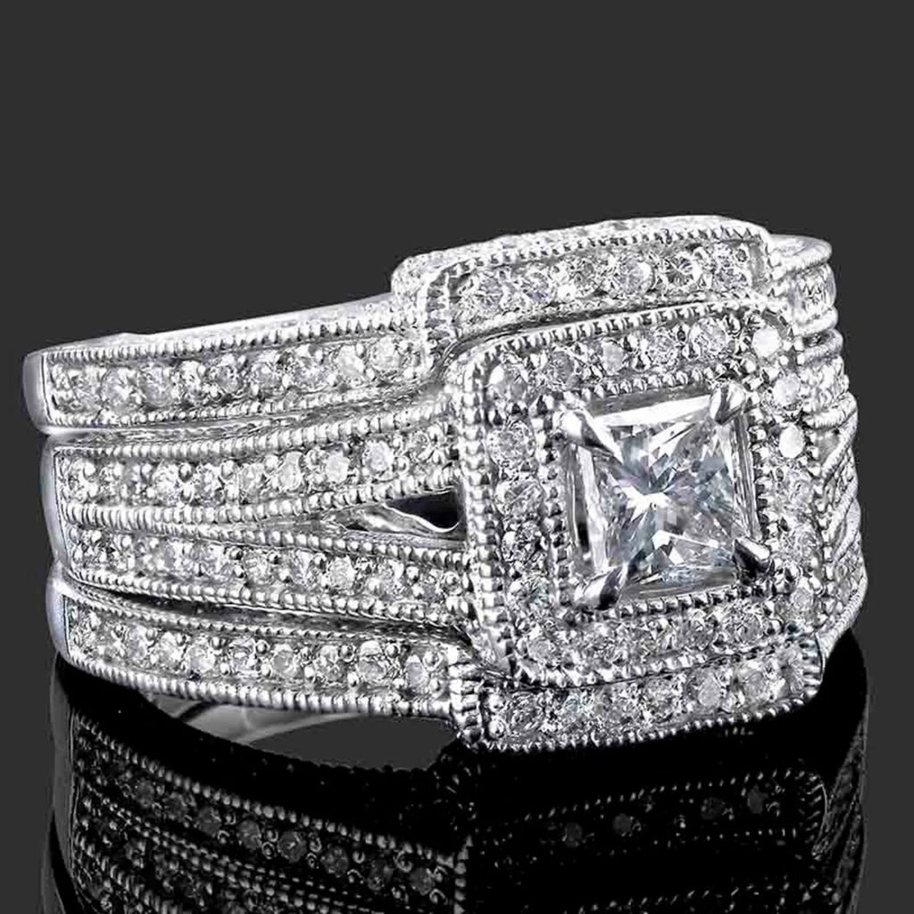 Bridal Set Princess Cut Engagement Ring 2 Matching Wedding Bands Set 2.36 Ctw Halo Diamond Wedding Rings Set 14k White Gold