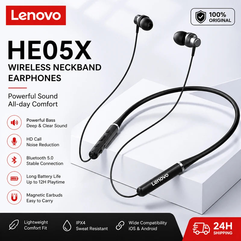 Lenovo HE05X Neckband Earphones Wireless Bluetooth 5.0 Earbuds Waterproof Sport Headset with Mic Magnetic Neckband Earphone New