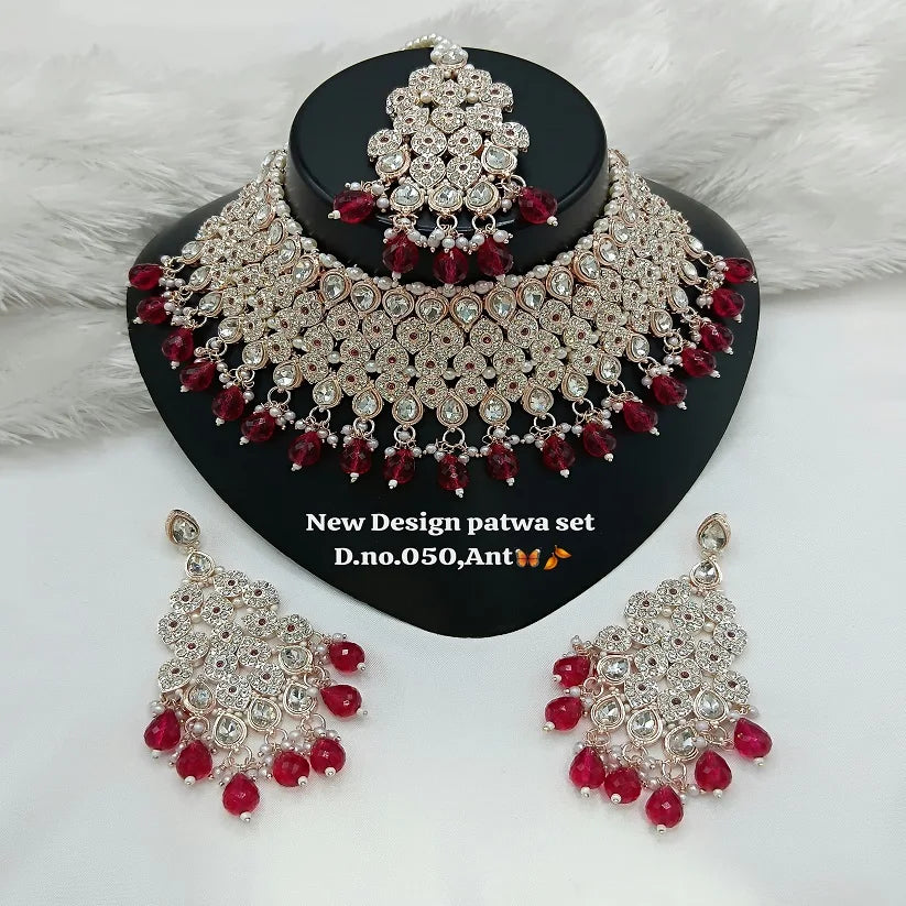 Trending Fancy Collection Gold Plated Kundan & Pearl Rani Color Stone Ethnic Wedding Party Necklace Set for Women Wear Jewelry