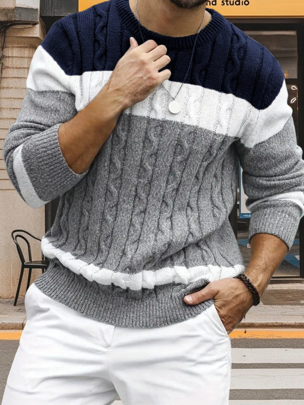 New Autumn And Winter Men's Contrasting Color Round Neck Pullover Loose Sweater Trendy Casual Warm Knit Comfortable Base Sweater