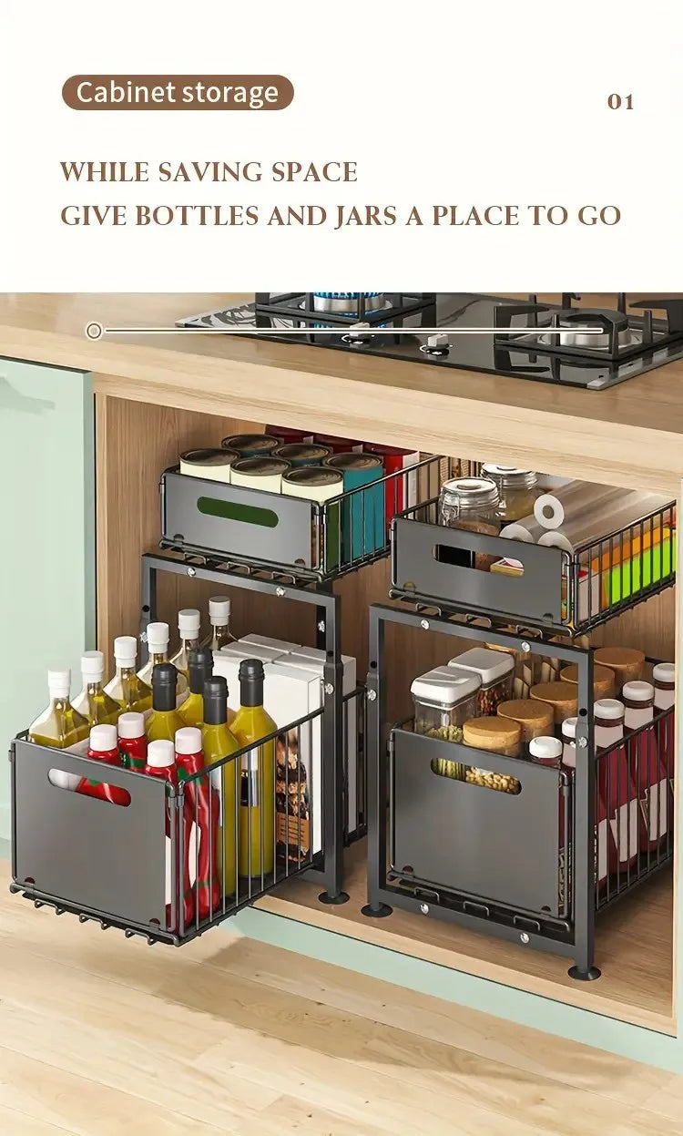 2 Tier Pull Out Cabinet Organizer Drawer Height Adjustable Kitchen Rack for Cabinet Under Sink Organizer Spice Jar Storage Shelf