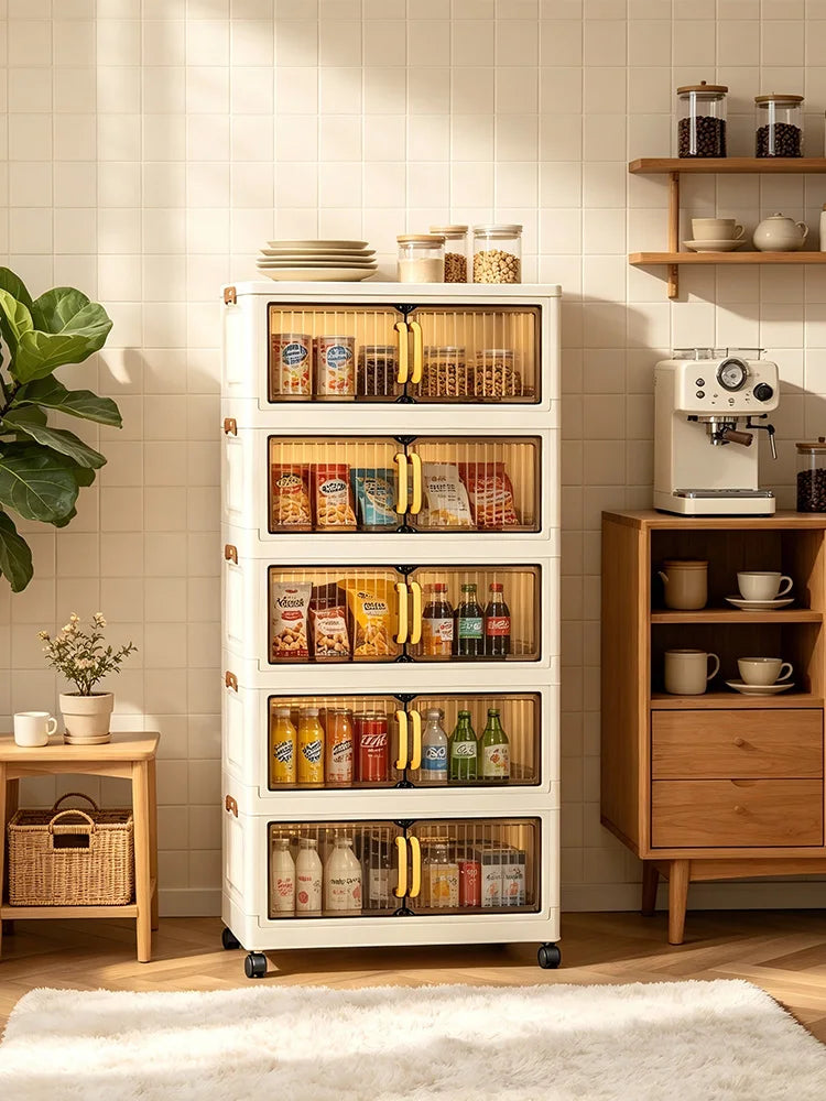 23.62in 3/4/5 Tier Foldable Plastic Storage Cabinet with Wheels, Double Transparent Door Organizer, Large Storage Chest, No Assembly Closet Organizer with Latches for Bedroom Kitchen, Cream White
