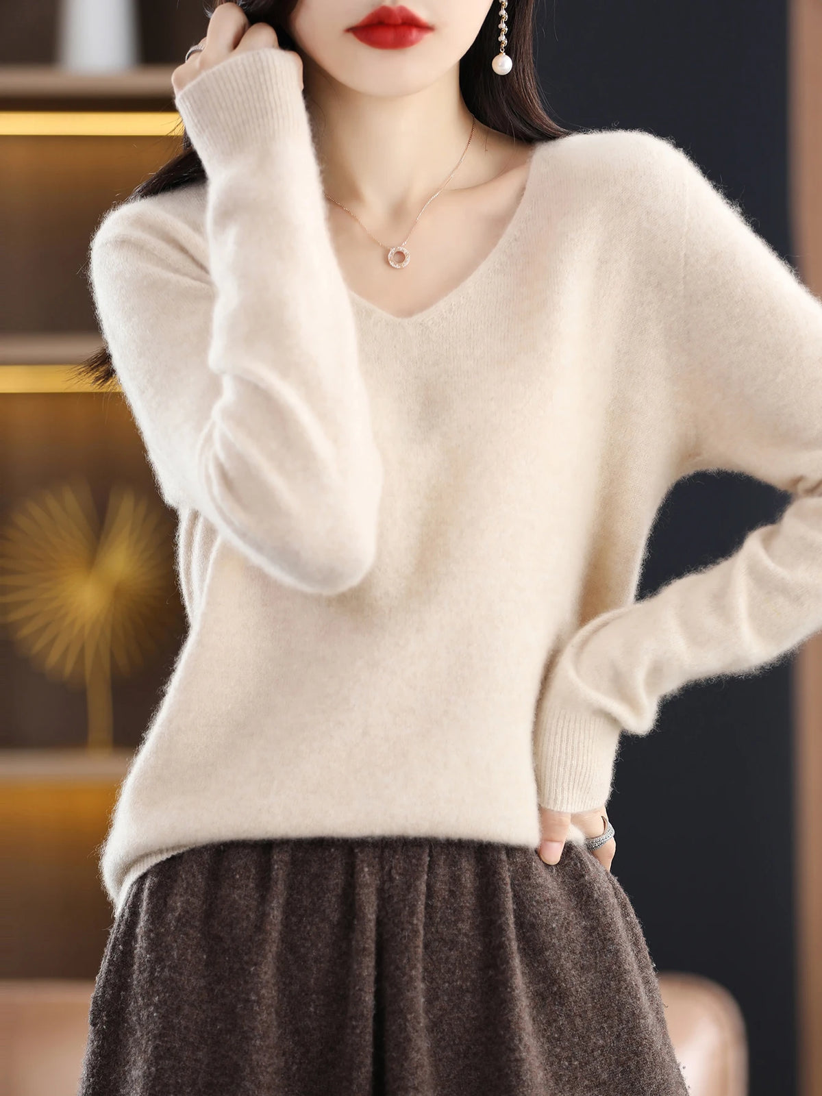 Sweater for Women 100% Merino Wool V Neck Sweater Fall Winter Basic Warm Pullovers Long Sleeve Soft Knit Jumpers Female Clothing