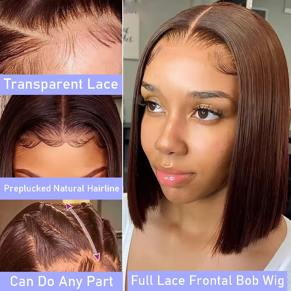 13x4 Human Hair Chocolate Brown Short Bob Lace Front Wig Bone Straight 200% Full Density Transparent Lace Frontal Bob Wigs