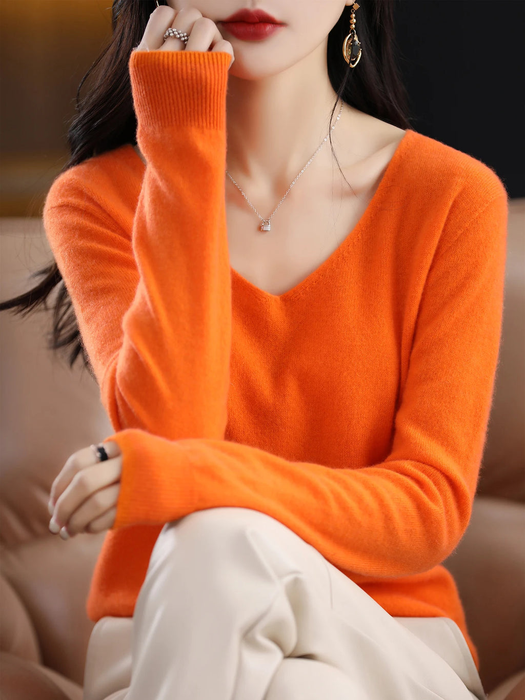 Sweater for Women 100% Merino Wool V Neck Sweater Fall Winter Basic Warm Pullovers Long Sleeve Soft Knit Jumpers Female Clothing