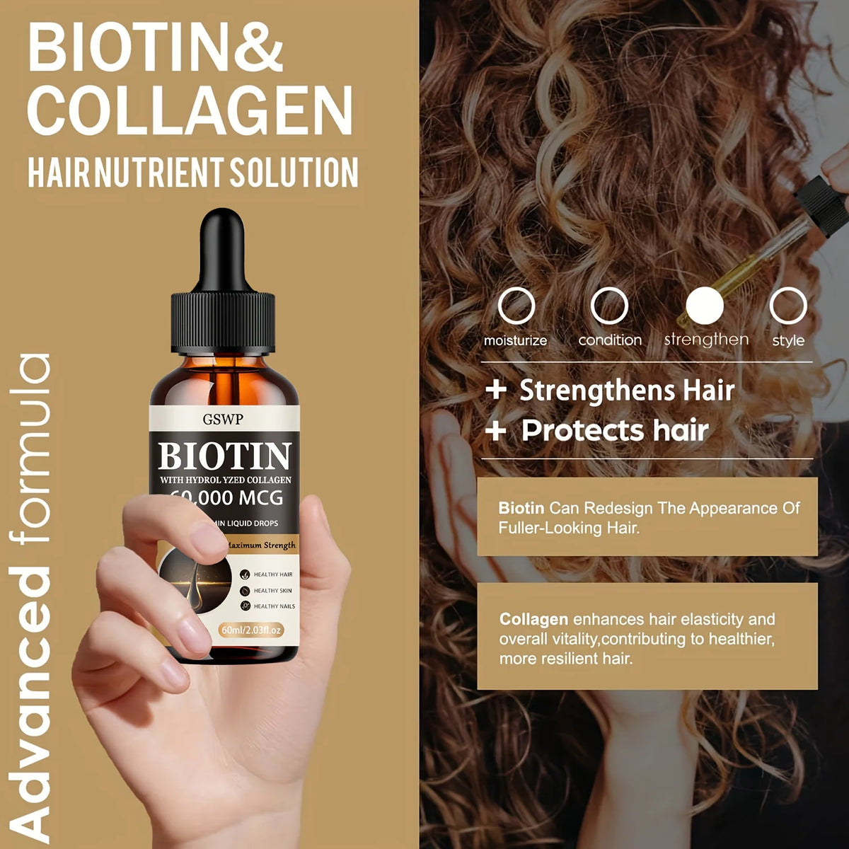 GSWP Biotin & Collagen Essential Oil - Repair Dry Hair, Deep Moisturizing, Revitalizes Hair's Beauty.60/120ml