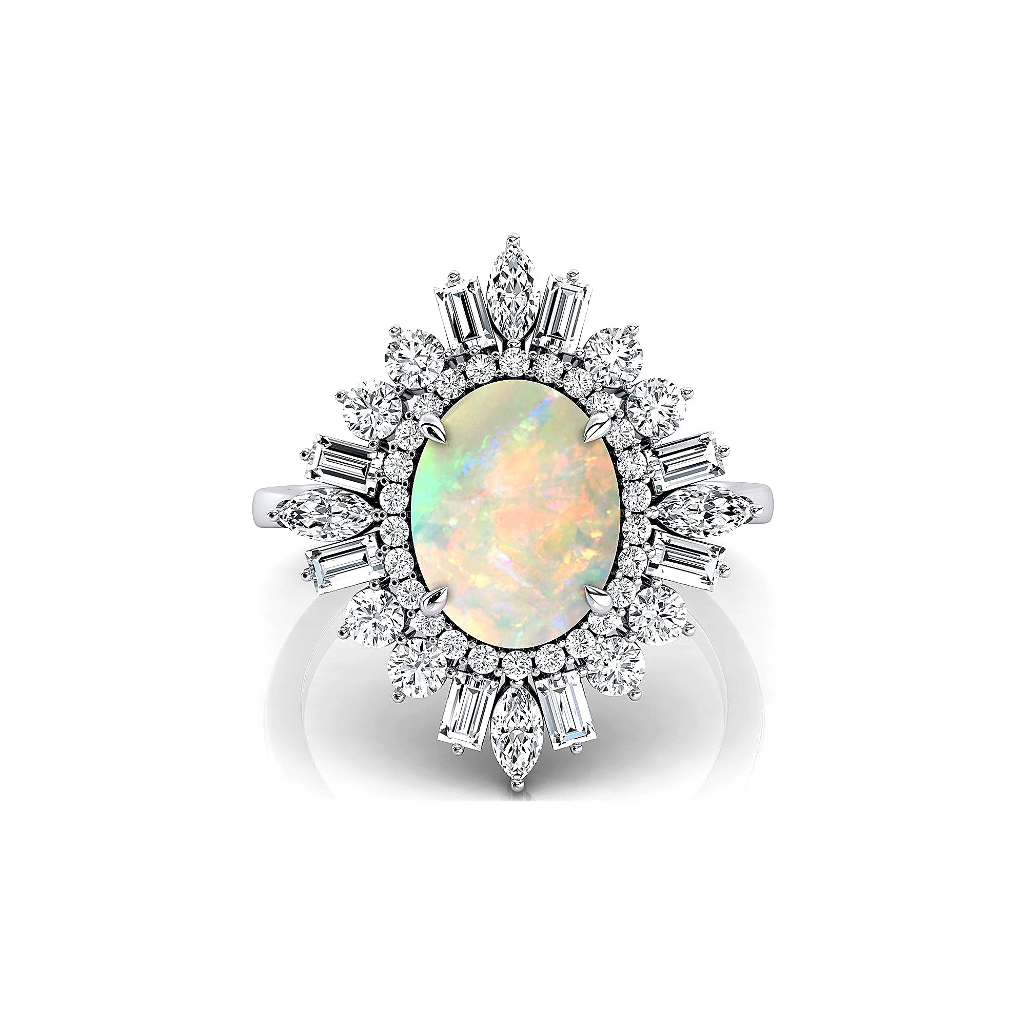 Gorgeous Ethiopian Opal Oval Cut Gemstone Real Diamonds Unique Design Halo Solitaire Rings Solid Gold Rhodium Plated Fine Party