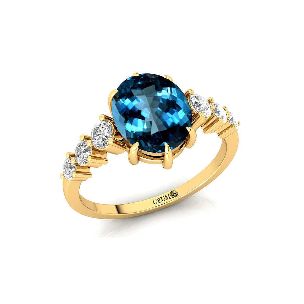 Elegant Design Oval Cut Natural London Blue Topaz Gemstone Cluster Rings in 18k Solid Gold With Real Diamonds Fine Bridal Rings