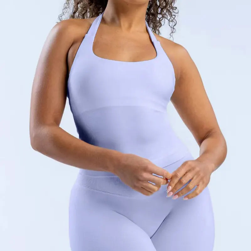 3DF- Women Halter Neck Yoga Set Seamless Sports Bra High Waist Shorts Gym Workout Fitness Activewear Outfit Set