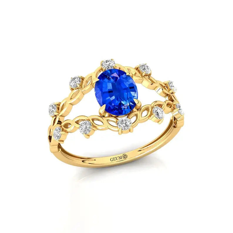 14kt Gold Lab Grown Blue Sapphire Gemstone & Real Diamonds Ring Prong Sett Split Shank Design Classic Wedding Statement Rings