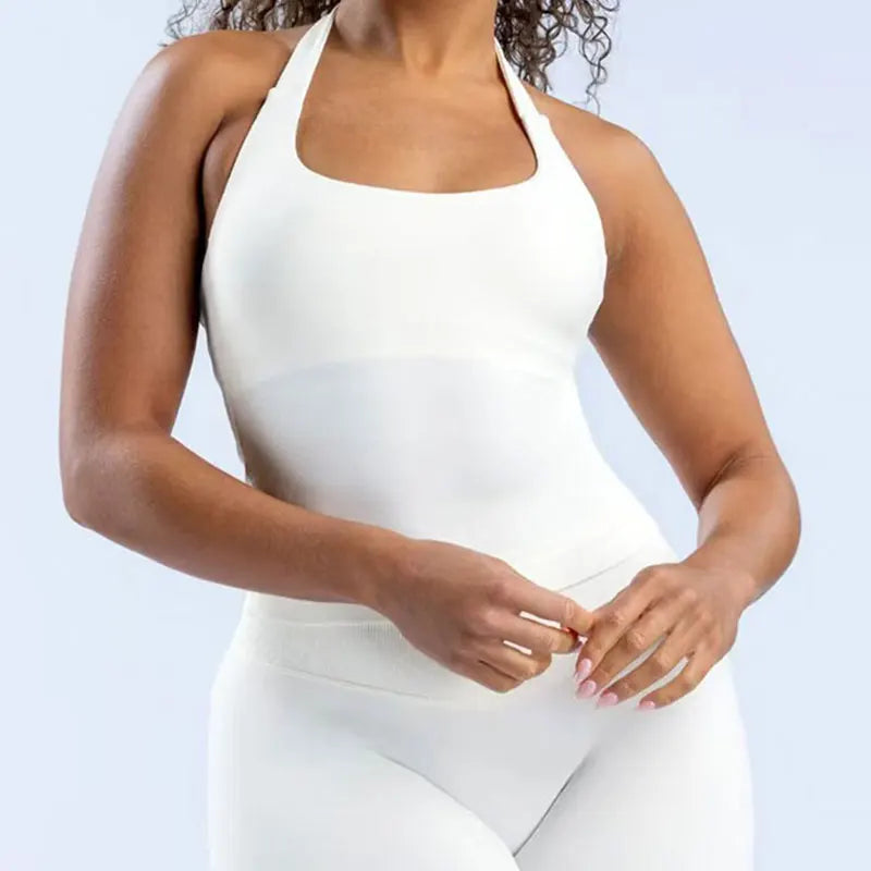 3DF- Women Halter Neck Yoga Set Seamless Sports Bra High Waist Shorts Gym Workout Fitness Activewear Outfit Set