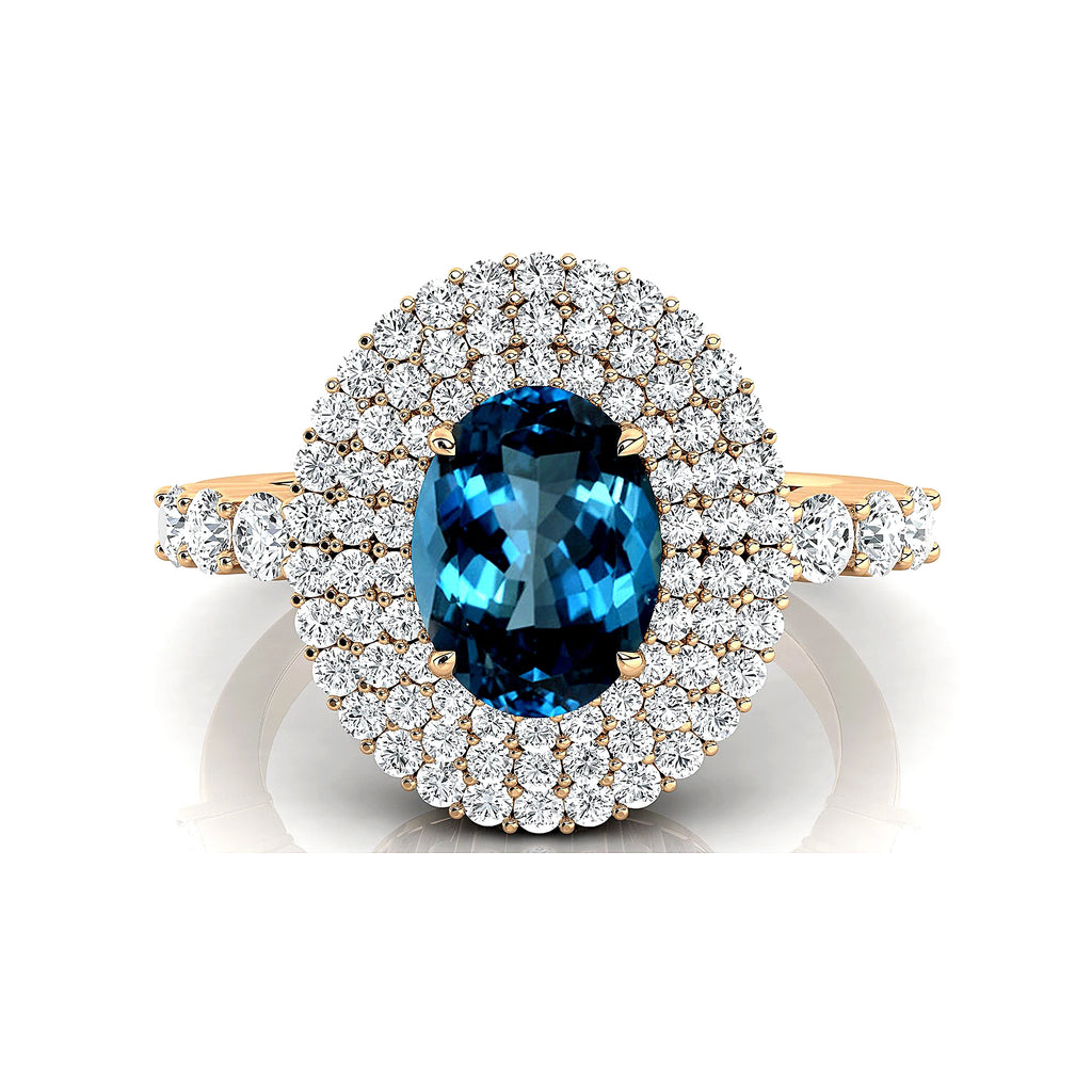 100% Natural London Blue Topaz Gemstone Halo Style Engagement Rings in 18kt Solid Gold Studded With Round Cut Diamonds Jewelry