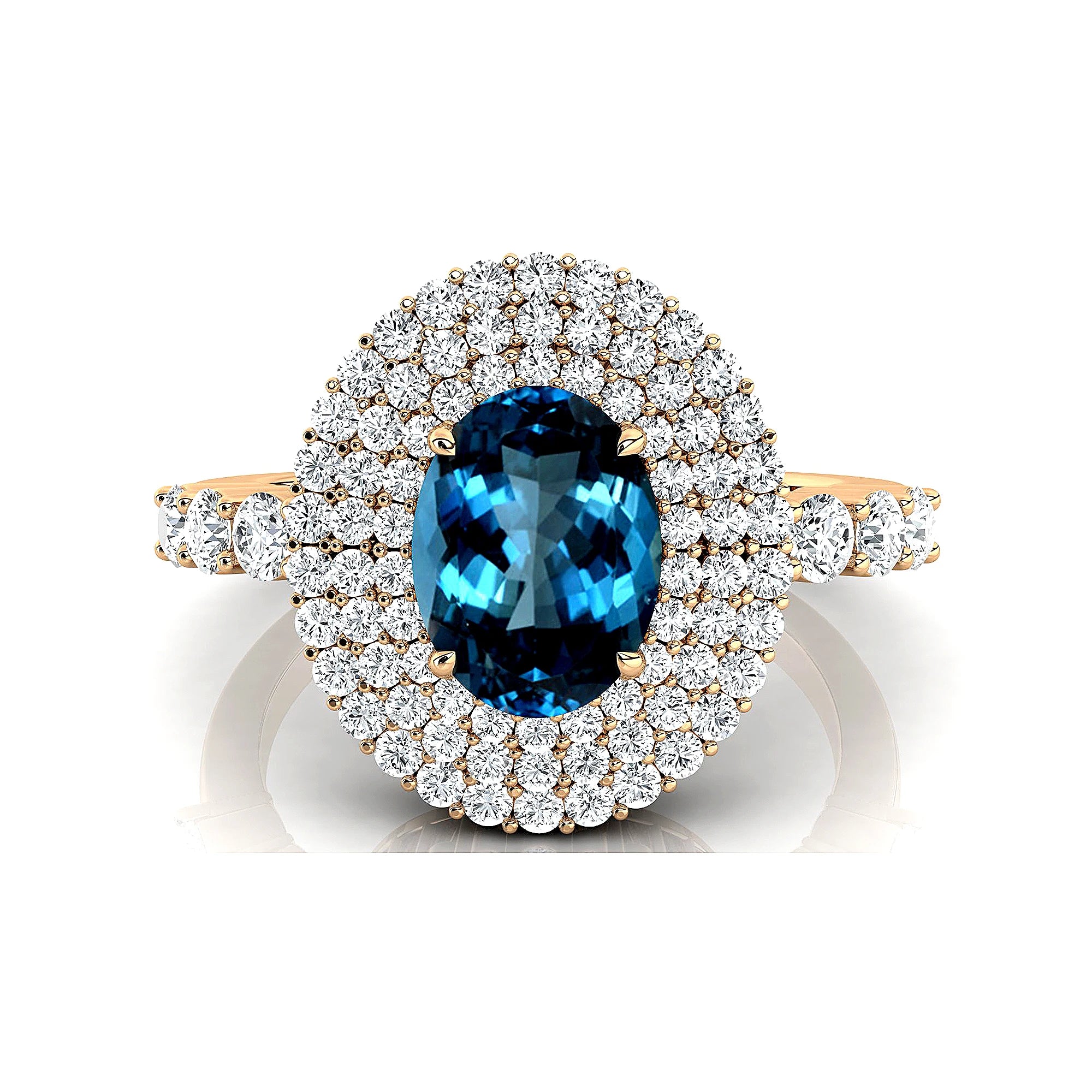 100% Natural London Blue Topaz Gemstone Halo Style Engagement Rings in 18kt Solid Gold Studded With Round Cut Diamonds Jewelry