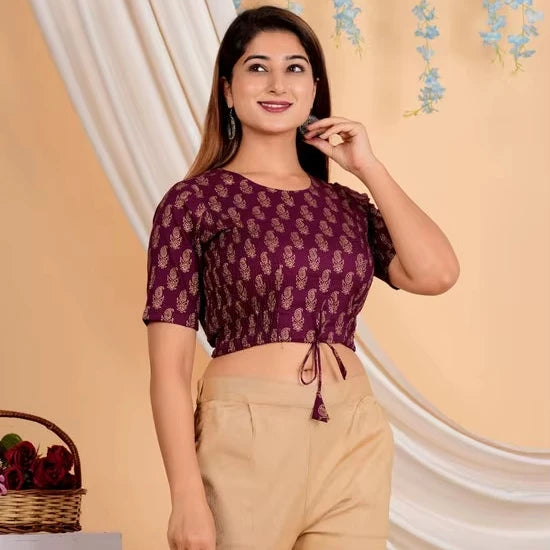 Wine Cotton Floral Printed Blouse 2 Piece Long Set Formal Summer Wear Neckline Regular Fit Soft Natural Feel Breathable