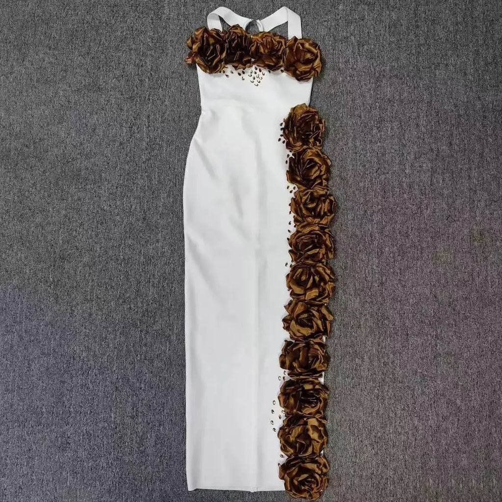 Summer 2025 Women's Fashion Hanging Neck Flower Embedded Diamond Sleeveless Long Wrap Dress Elegant Party Dress