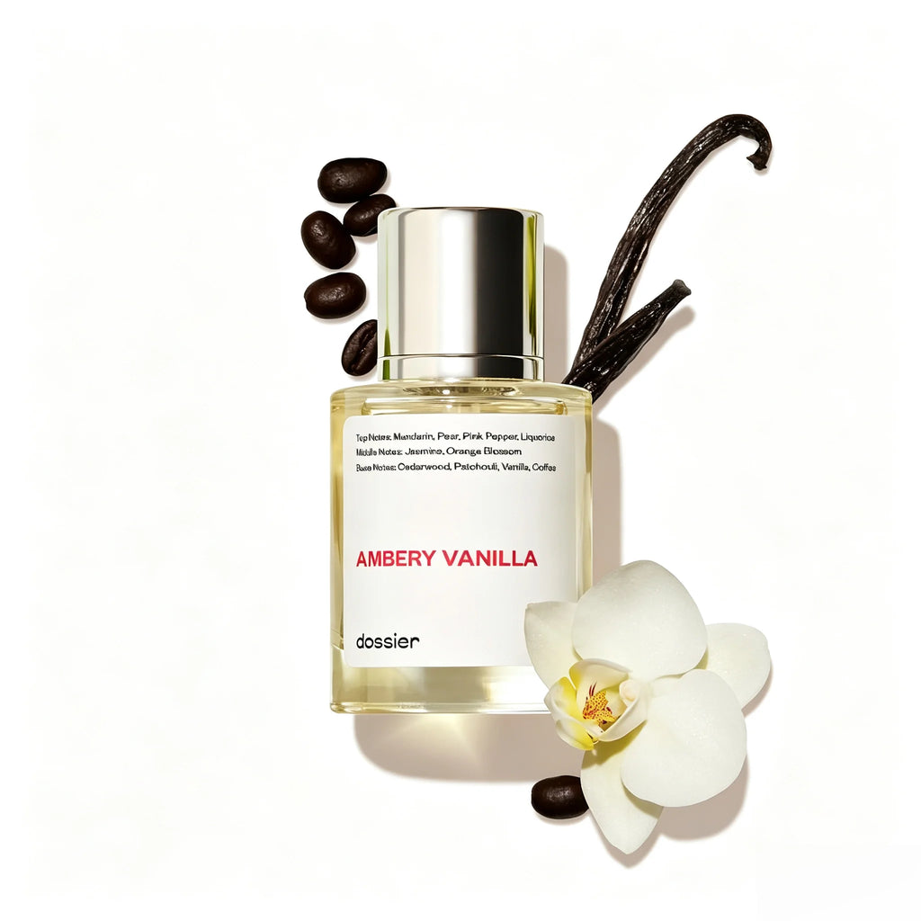 Dossier Ambery Vanilla Unisex EDP Perfume Clear Mini Square Bottle Polished Silver Cylindrical Cap Minimalist White Text Label Warm Creamy Amber Vanilla Coffee Woody Scent Clean Neutral Gourmand Fragrance Gift For Men Women