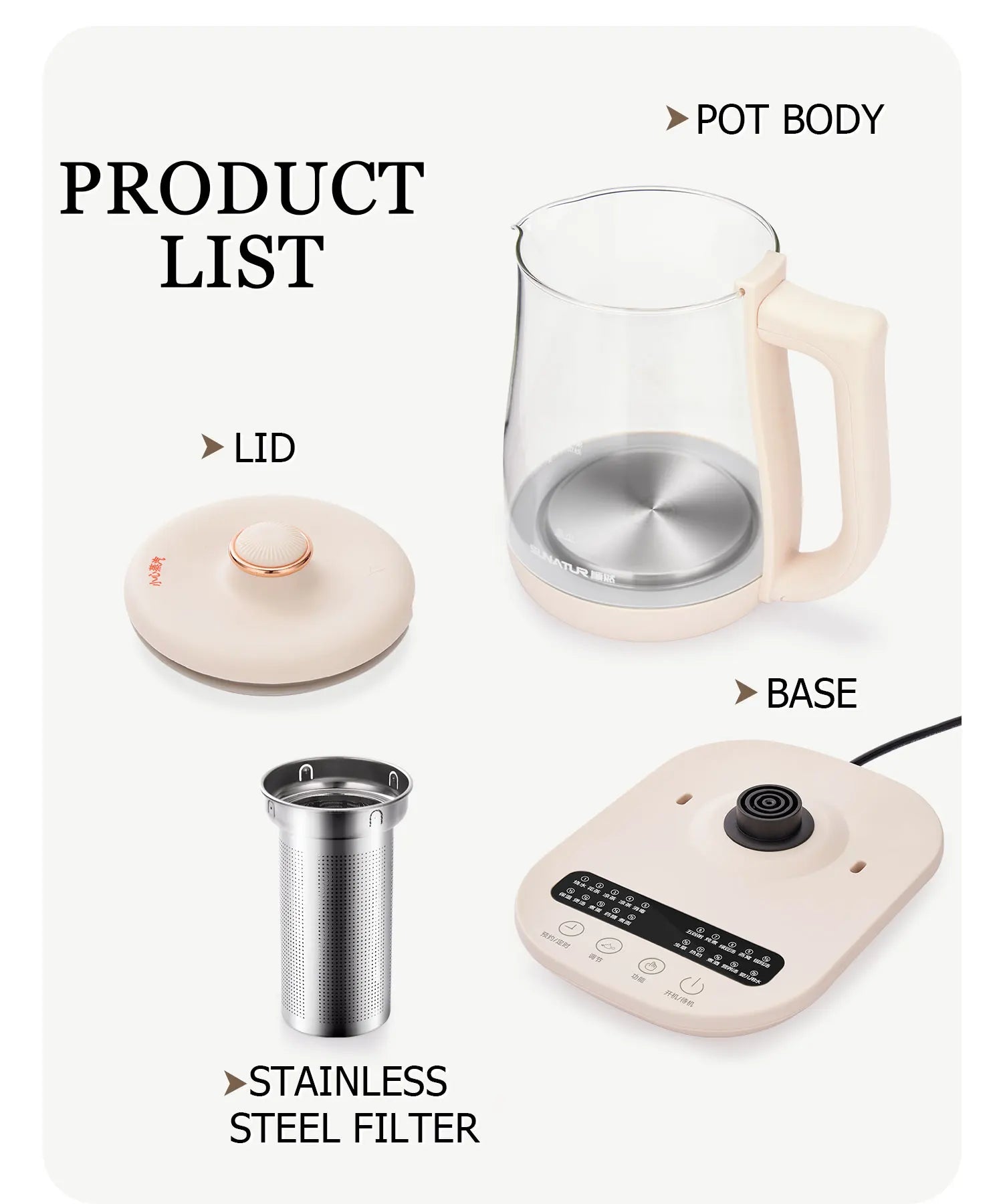 SUNATUR Kettles Electric Glass 220V Multifunction Health Pot Milk Fruit Tea Coffee Water 800W 24-hour Heat Preservation