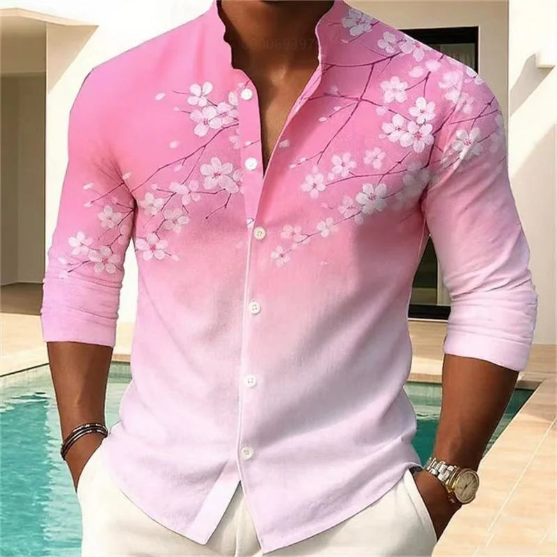 Men's floral print shirt fashion casual outdoor vacation daily spring and autumn Chinese style stand collar shirt pink blue